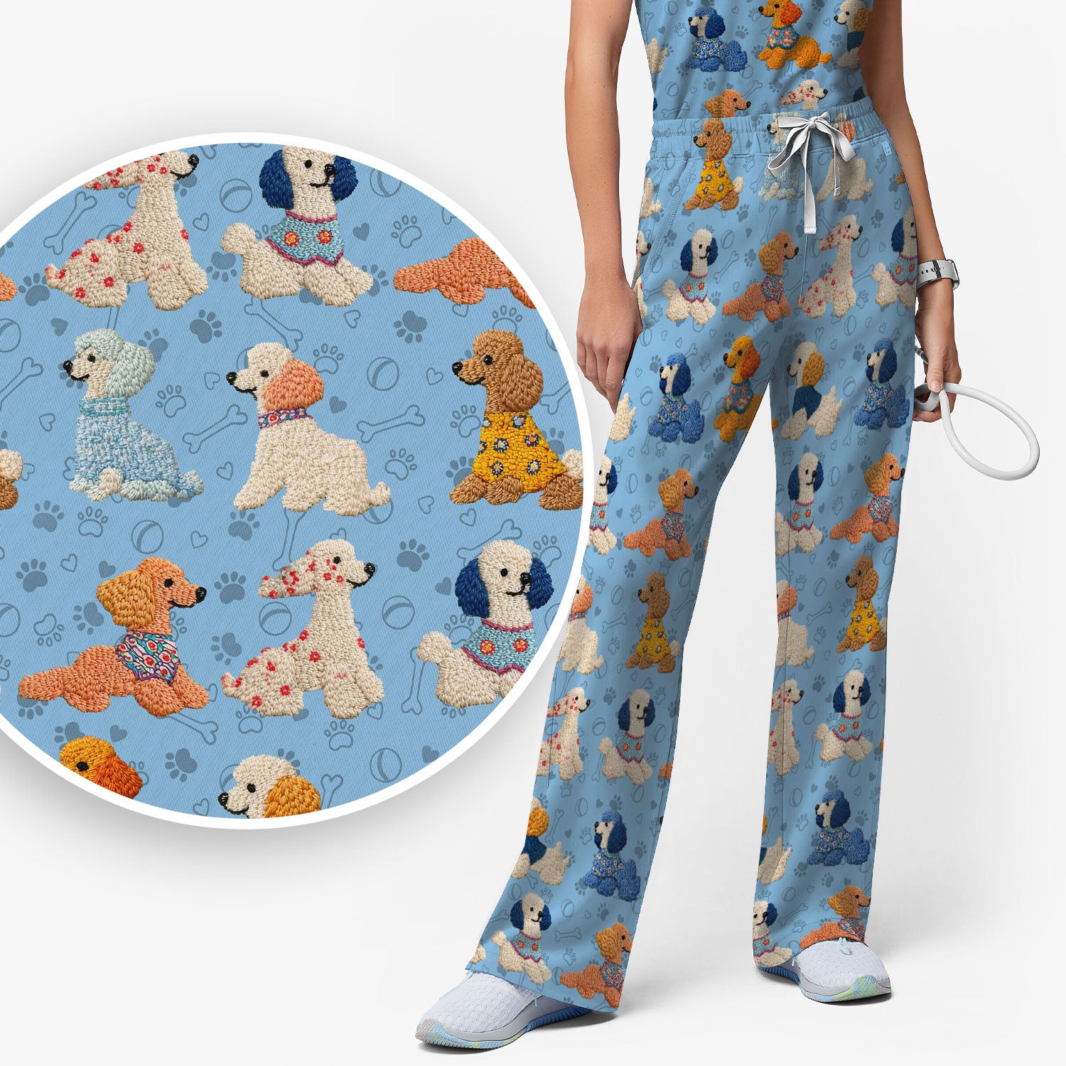 Cute Colorful Poodle Pattern Scrub Set, Scrub Pants and V Neck Top