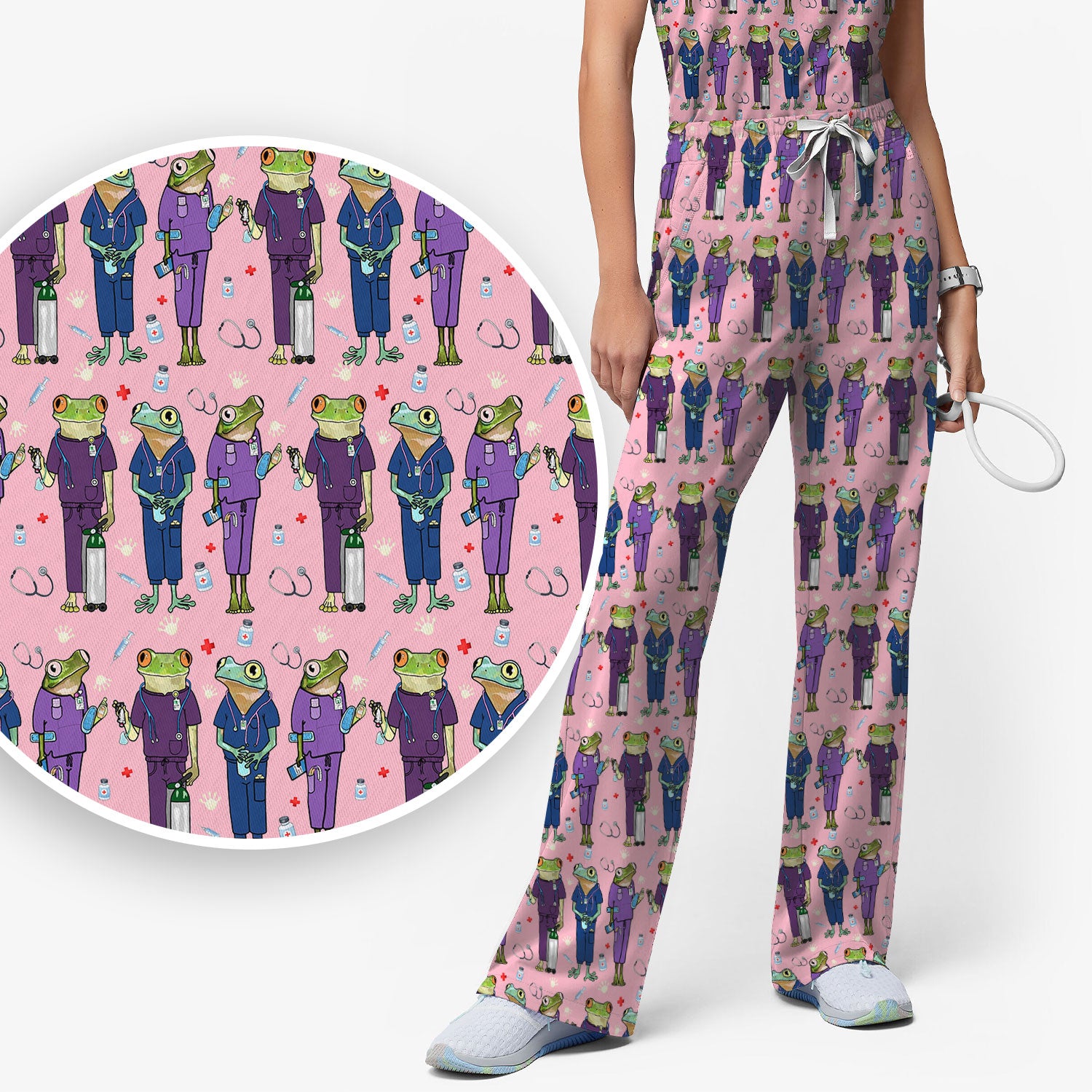 Funny Frog Nurse Pattern Scrub Set, Scrub Pants and V Neck Top