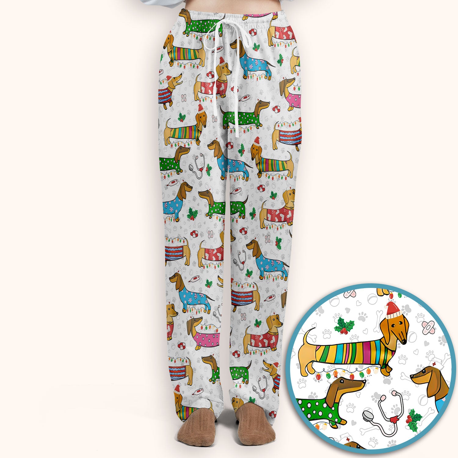 Christmas Scrub Set for Women - Funny Dachshund Scrubs Pants and V Neck Top - Cute Holiday Medical Uniform Gift for RN LPN CNA