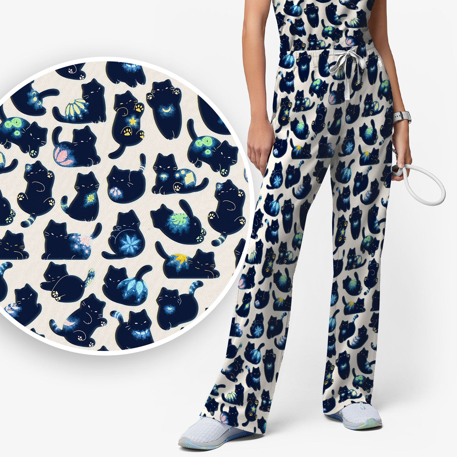 Midnight Cat Scrub Set, Black Cat Pattern Nurse Shirt, Breathable Fabrics Nursing Uniform
