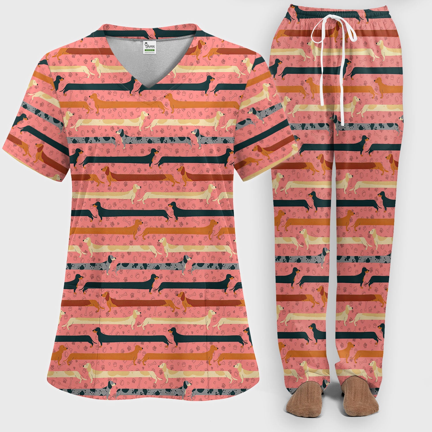 Weiner Dog Women's Scrub Sets - Comfortable Scrubs for Nurses - Funny Scrub Pants and V Neck Top - Breathable Med Uniform