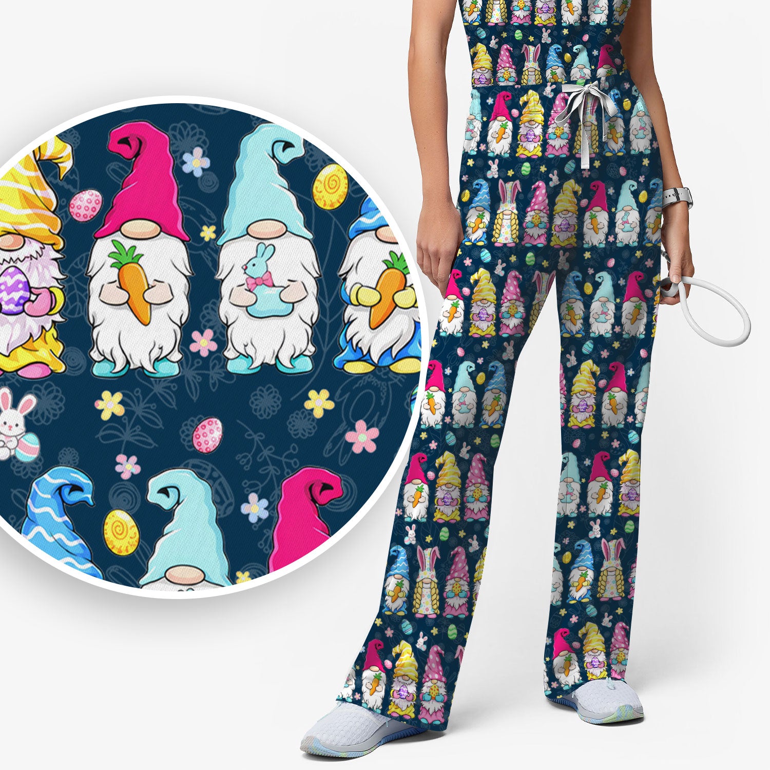 Colorful Easter Gnome Bunny Eggs Pattern Scrub Set, Women's Scrub Sets