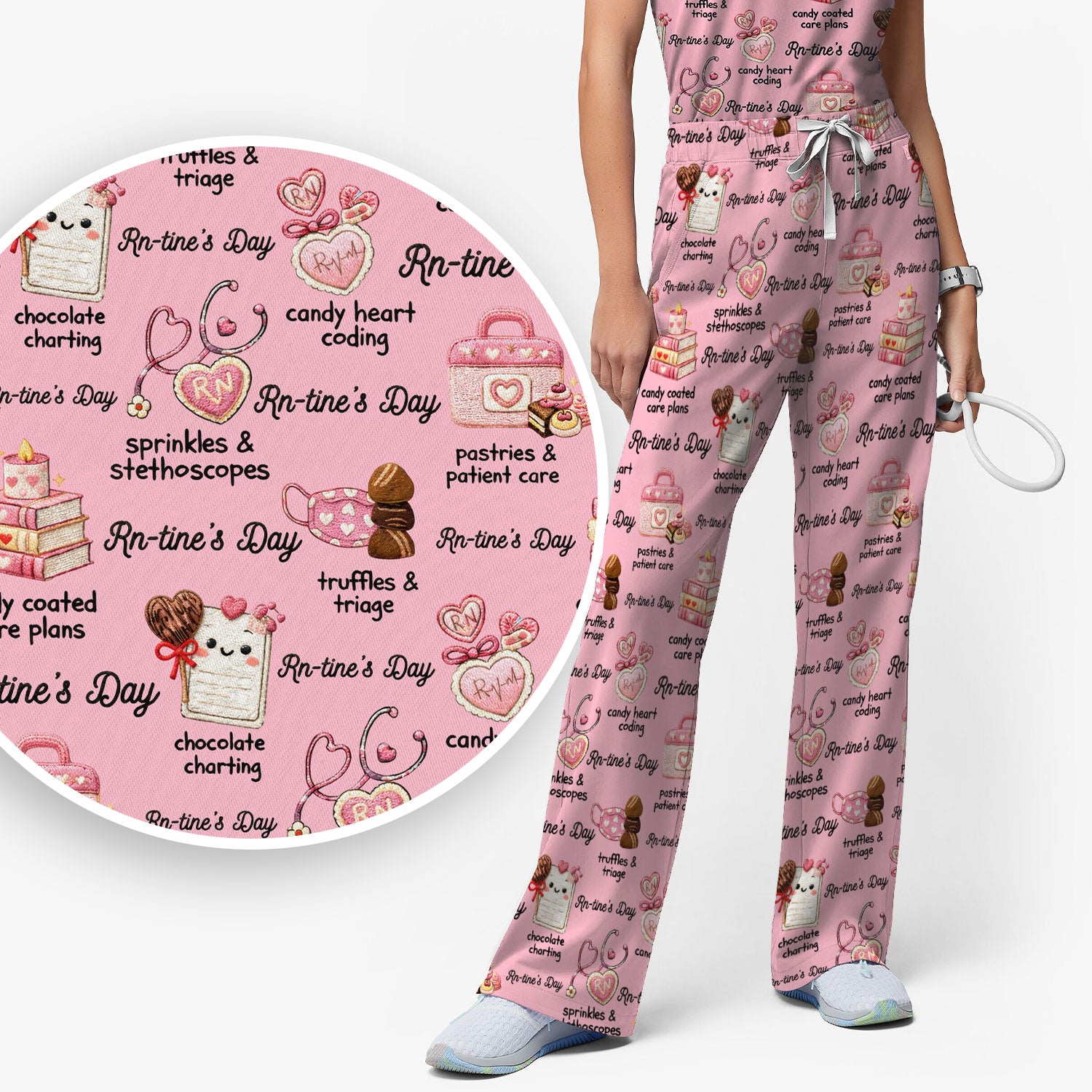 RN Sweets Valentine Stethoscope Scrub Set, Scrub Pants and V Neck Top