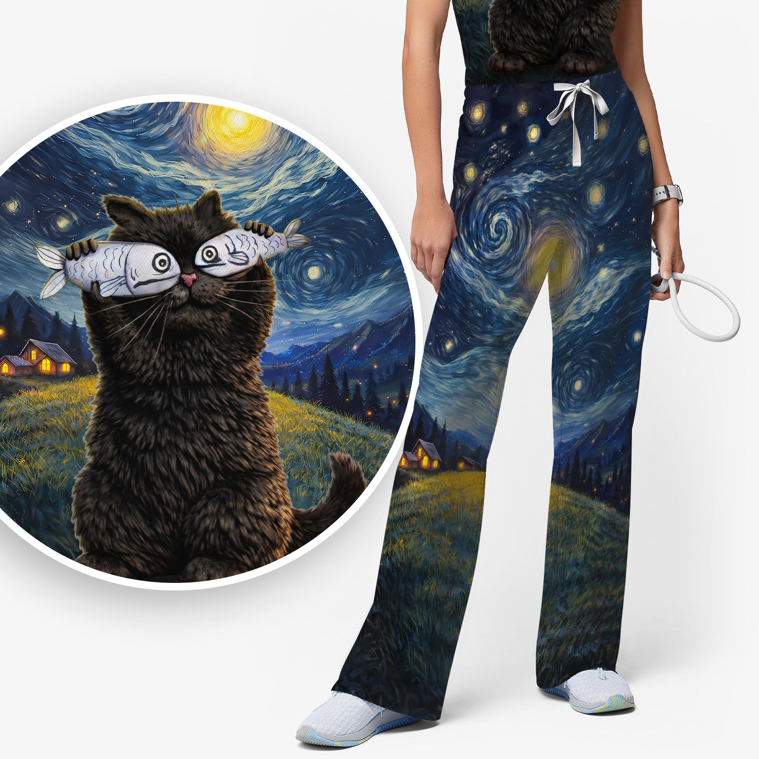 Galaxy Swirl Cat Art V Neck Medical Scrub Set for Healthcare Workers