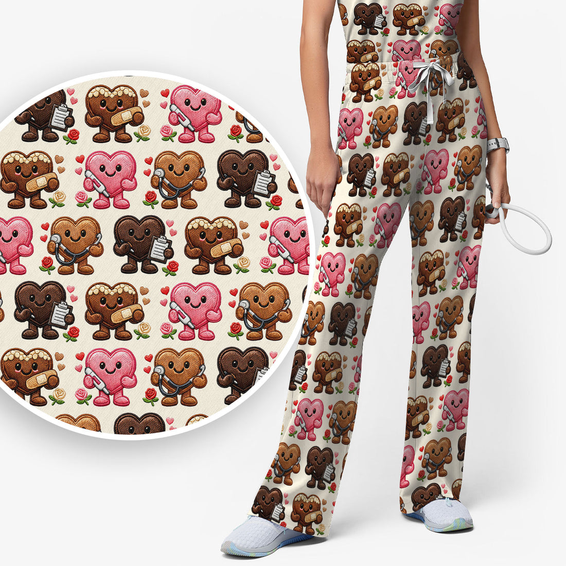 Valentine Heart Nurse Scrub Set, Cute Medical Love Pattern Shirt, Breathable Fabrics Nursing Uniform