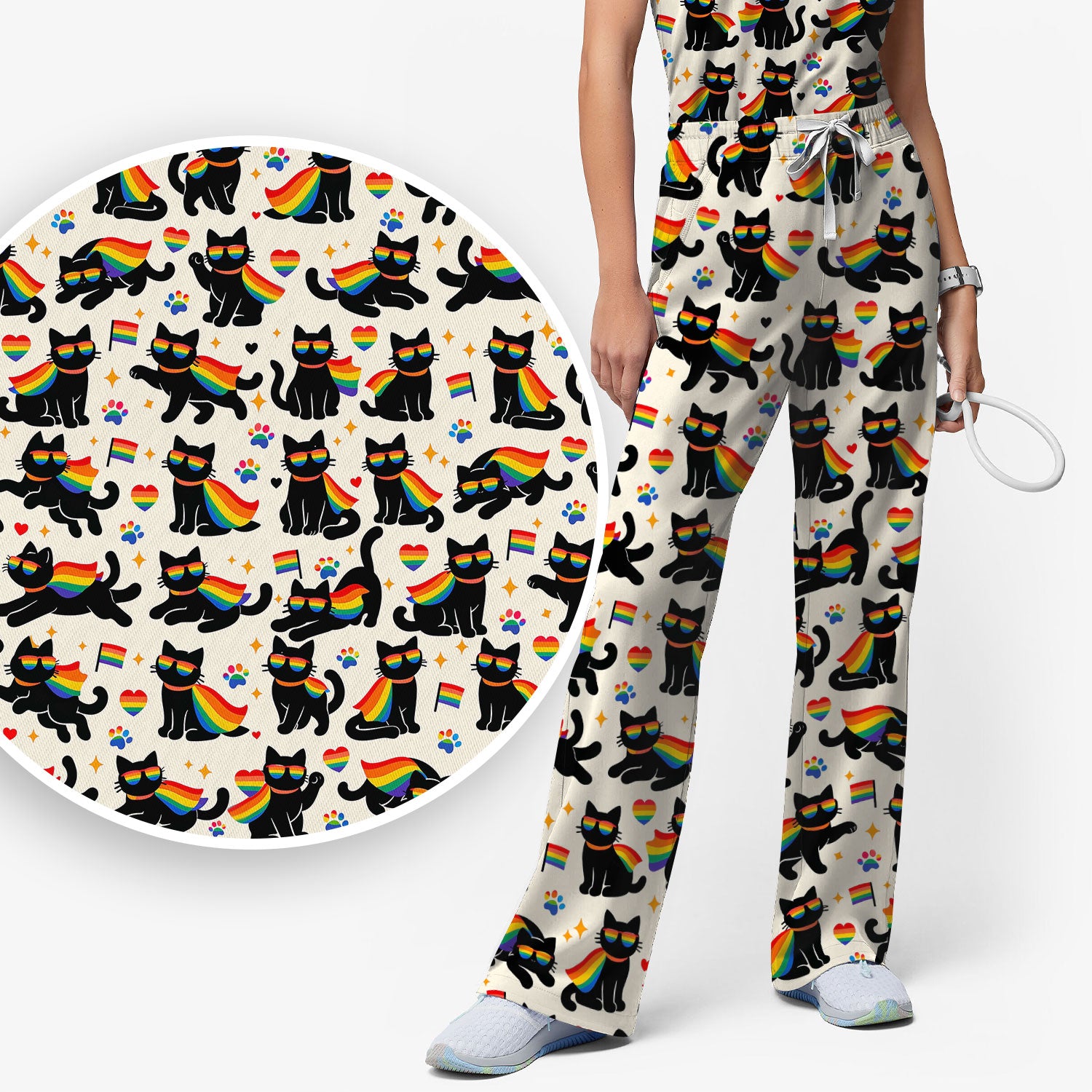 Rainbow Black Cat Pride Pattern Scrub Set, Breathable Med Uniform