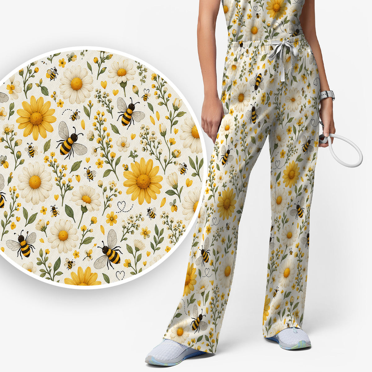 Cute Honey Bee And Daisy Pattern Scrub Set, Scrub Pants and V Neck Top