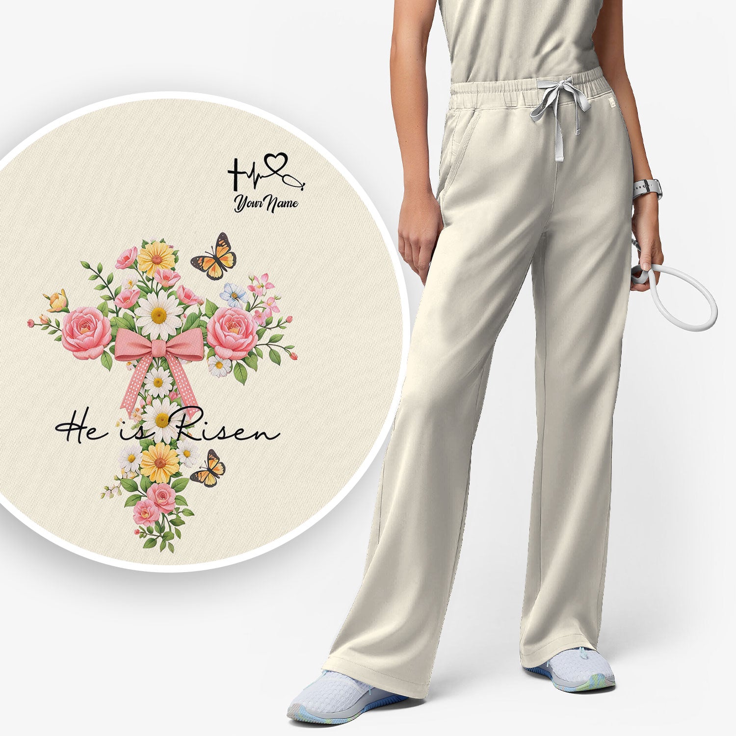 Personalized Meaningful Easter Nurse He Is Risen Floral Cross Bow Pattern Scrub Set, Women's Scrub Sets