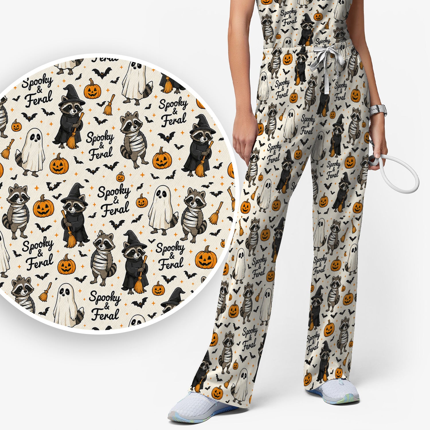 Spooky And Feral Halloween Raccoon Scrub Set, Scrub Pants and V Neck Top