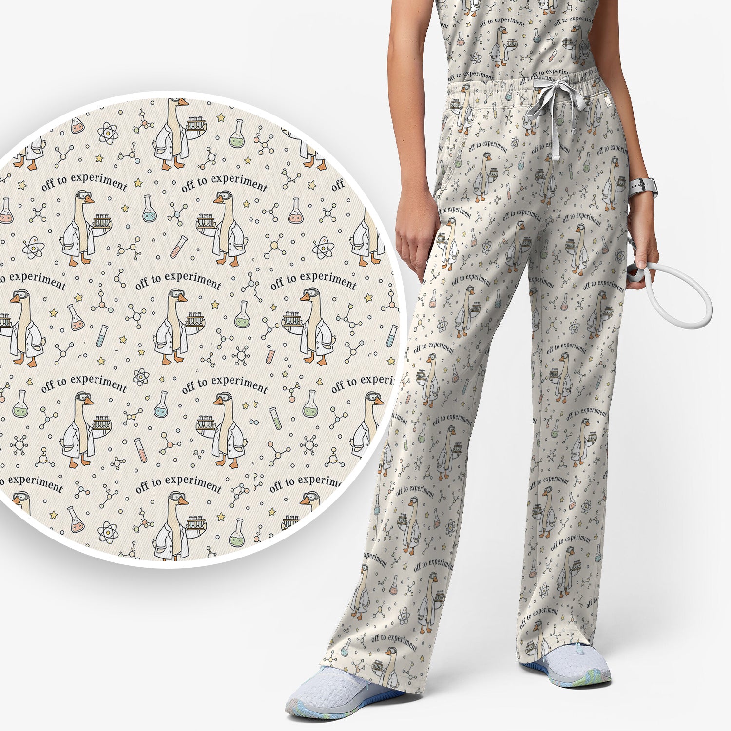 Funny Off To Experiment Scientist Goose Scrub Set, Scrub Pants and V Neck Top