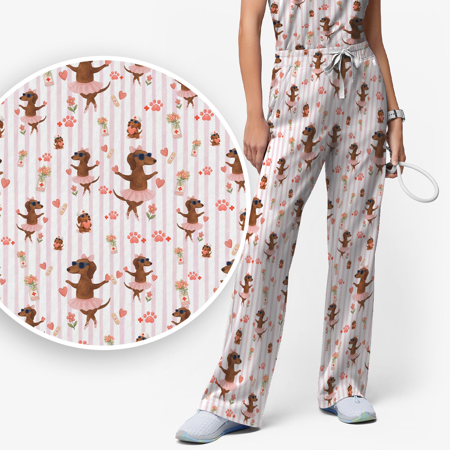 Cute Dachshund Dog Ballet Tutu Hearts Pattern Scrub Set, Scrub Pants and V Neck Top