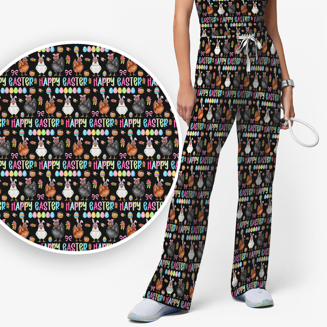 Happy Easter Bunny Eggs Pattern Scrub Sets, Scrub Pants and V Neck Top