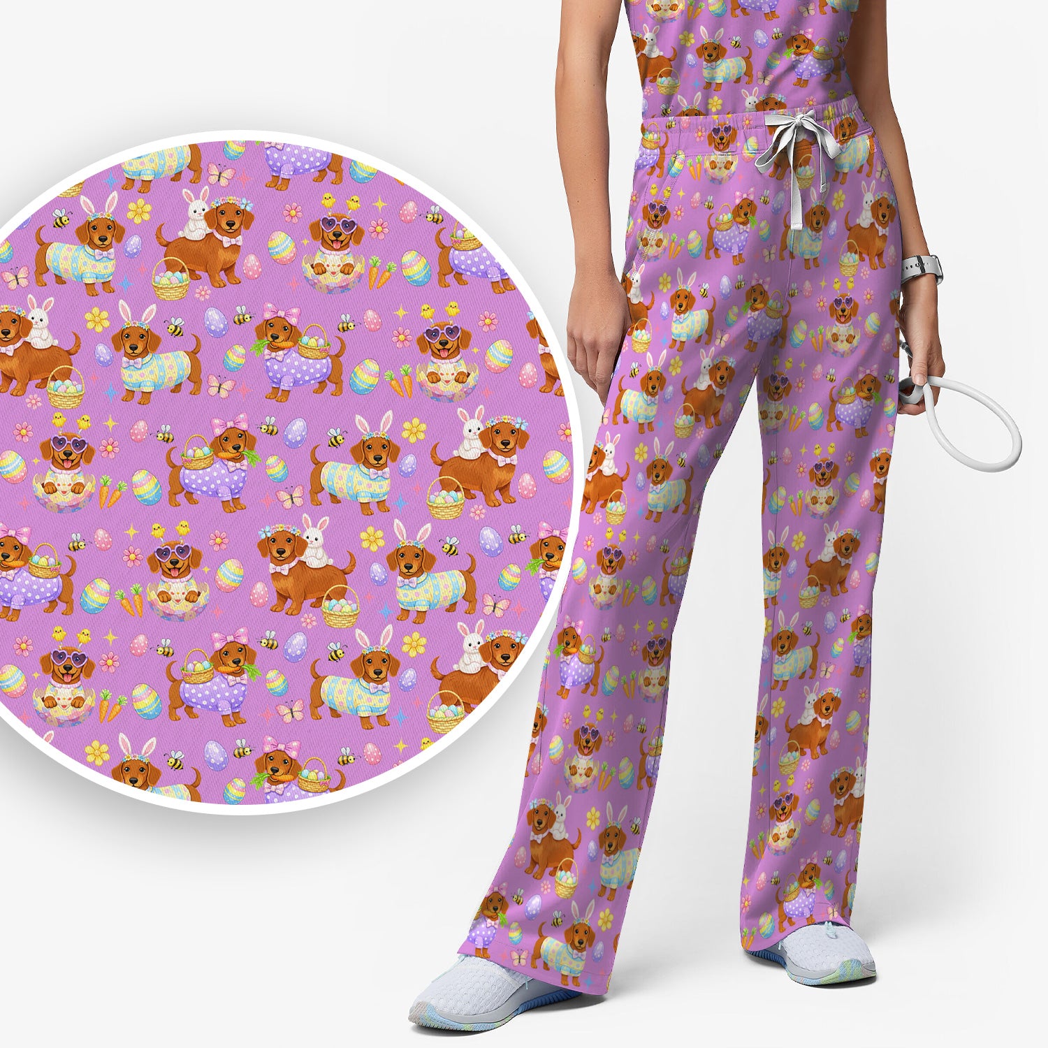 Cute Easter Dachshund Dog Pattern Scrub Set, Scrub Pants and V Neck Top
