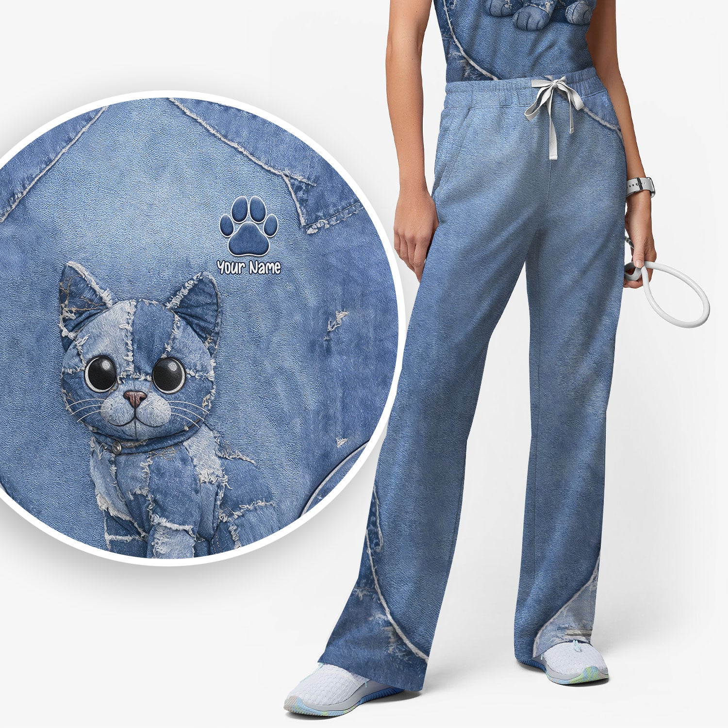 Personalized Patchwork Denim Cat Nurse Pattern Scrub Set, Scrub Pants and V Neck Top