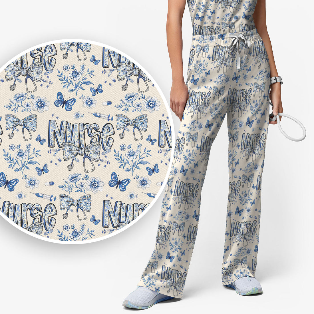 Blue Nurse Bow Butterfly Floral Pattern Scrub Set,  Breathable Med Uniform