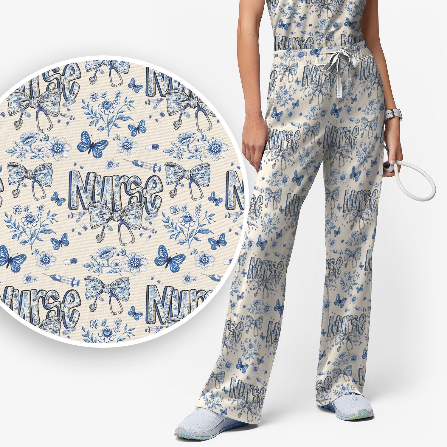 Blue Nurse Bow Butterfly Floral Pattern Scrub Set,  Breathable Med Uniform