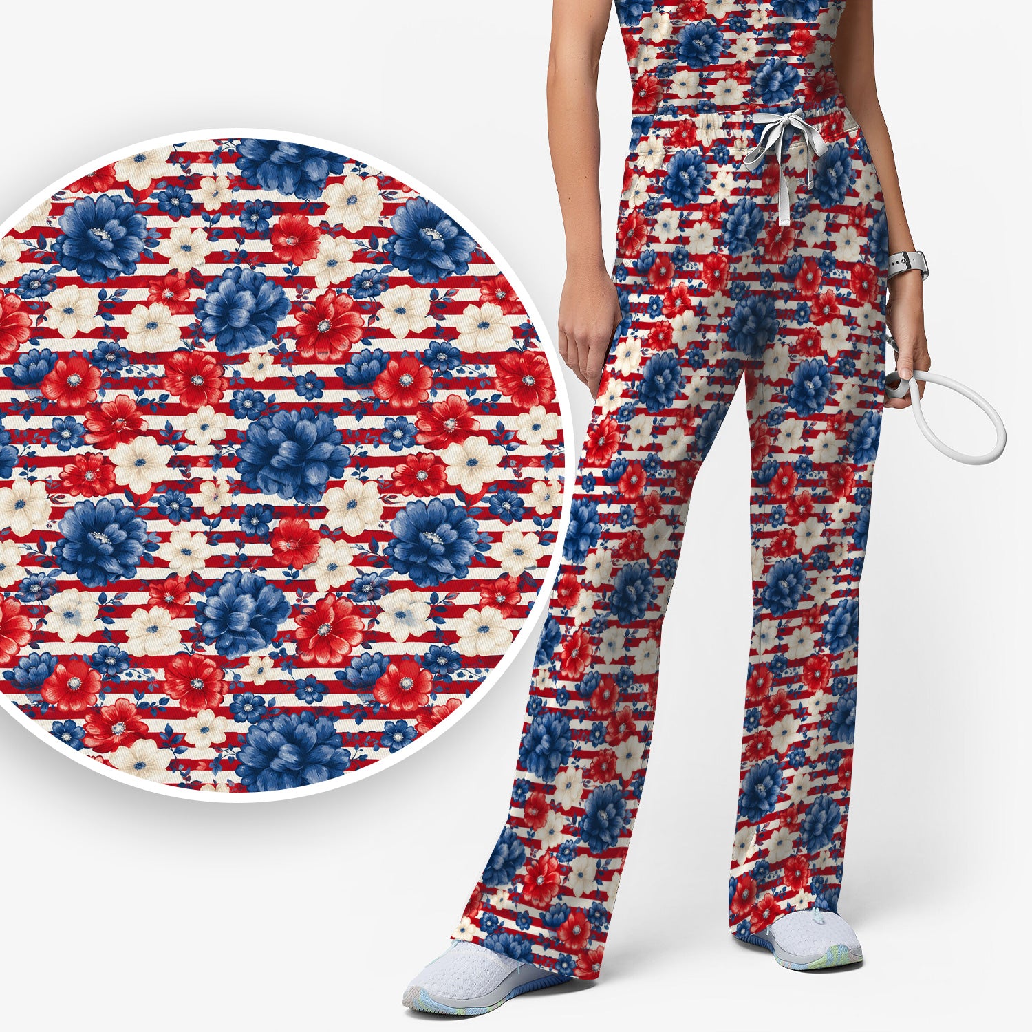 Patriotic Nurse Floral Stripe Pattern Scrub Set, Scrub Pants and V Neck Top