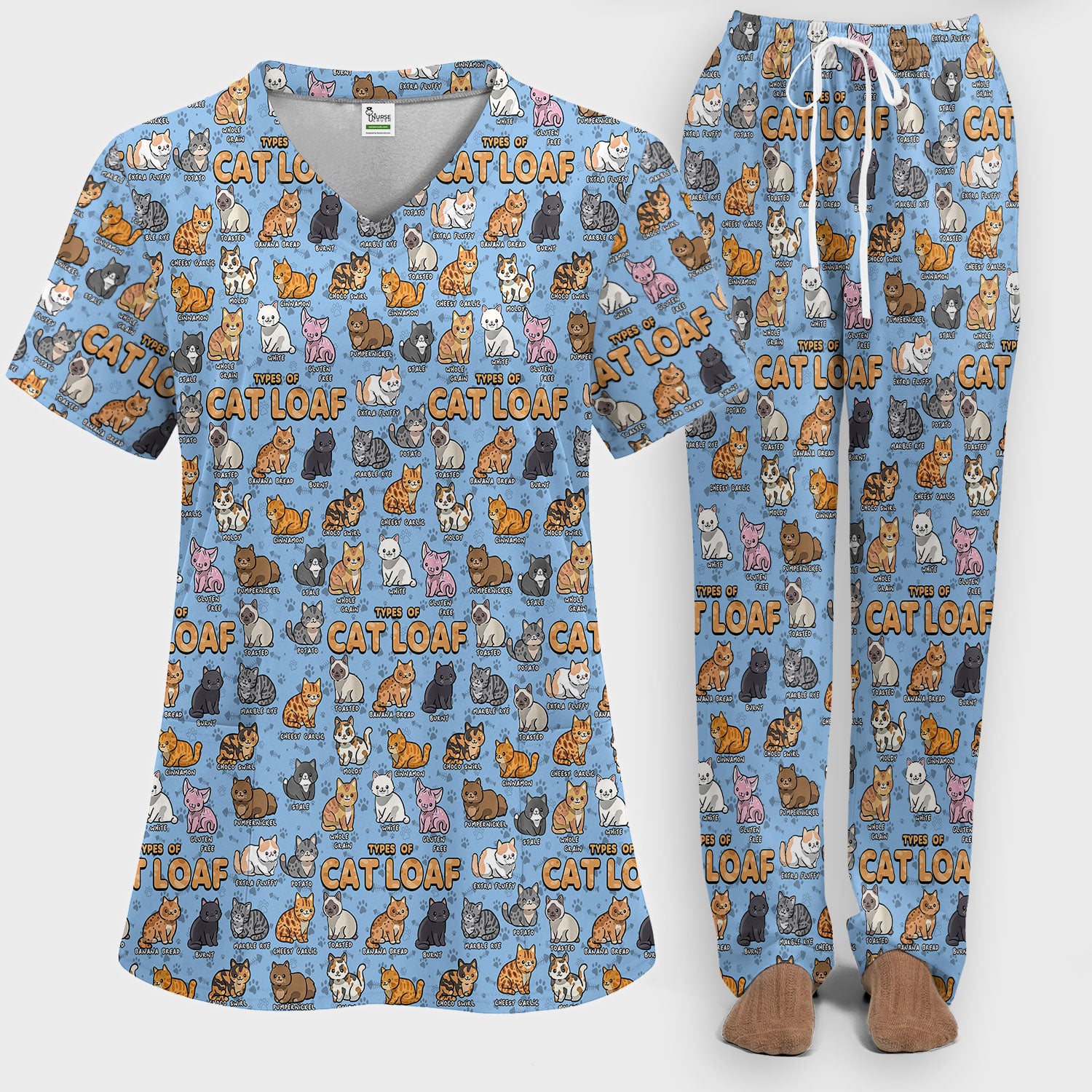 Funny Cat Loaf Nurse Scrub Set for Women - Cute Cat Medical Uniform Top and Pants - Ugly Sweater Pet Lover Gift
