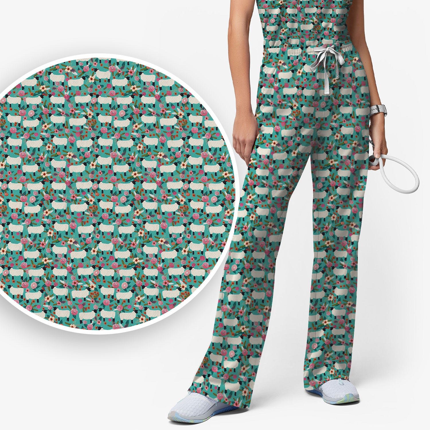Cute Sheep Floral Meadow Pattern Scrub Set, Nurse Uniform Scrubs Set