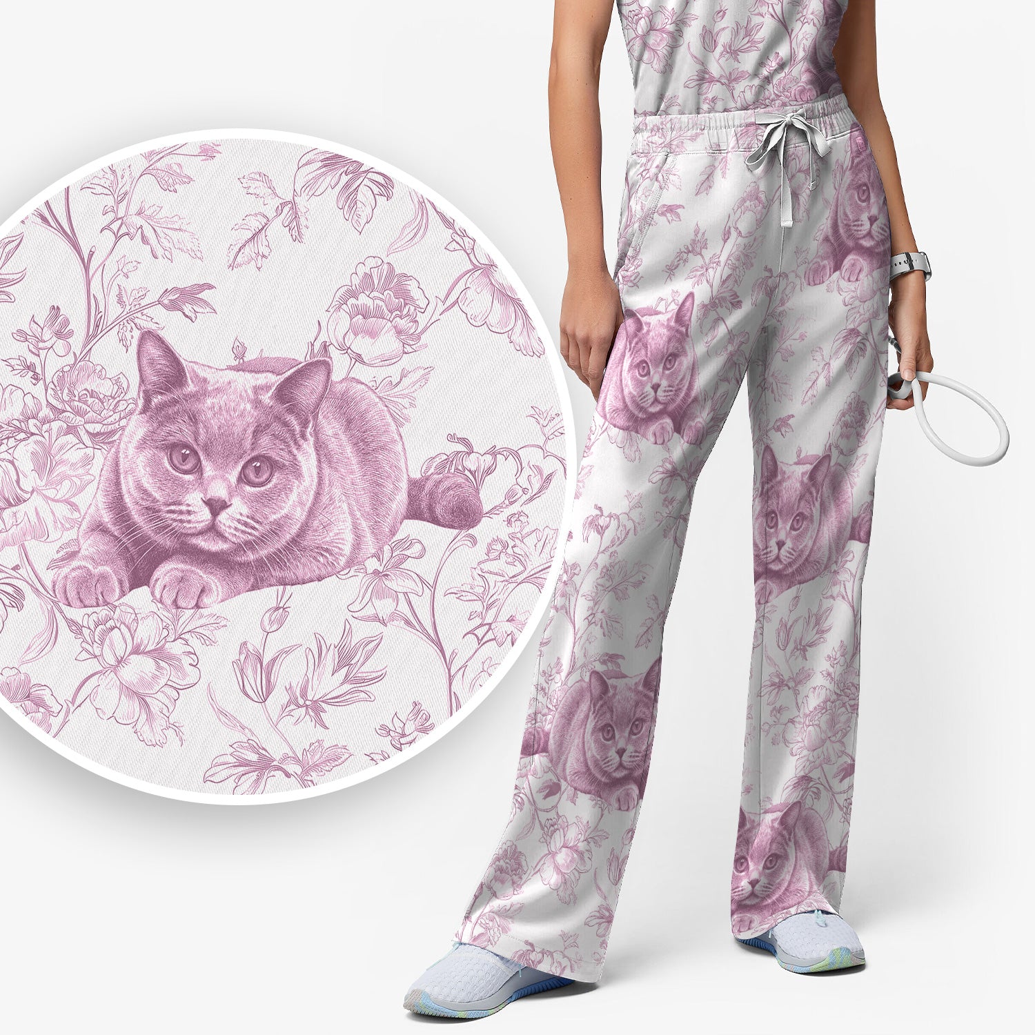 Custom Dog Cat Style Chinoiserie Pattern Scrubs Sets, Scrub Pants and V Neck Top