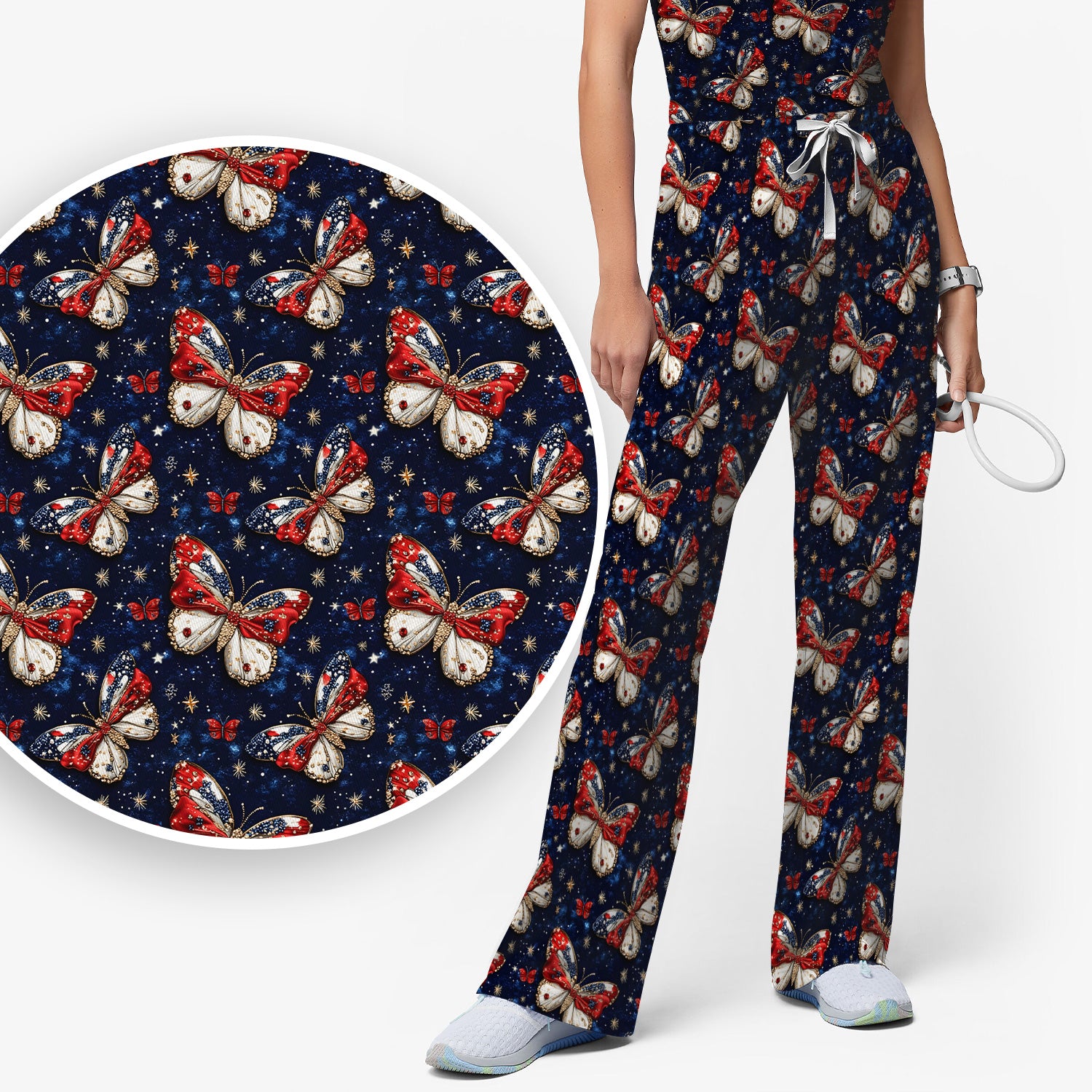 Patriotic Butterfly Nurse for RN & CNA, Americana Stars Healthcare Workers Uniform Scrub Set, Scrub Pants and V Neck Top