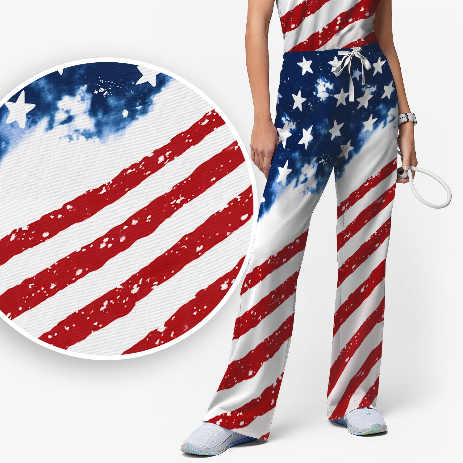 USA Stars And Stripes Pattern Scrub Set, Scrub Pants and V Neck Top