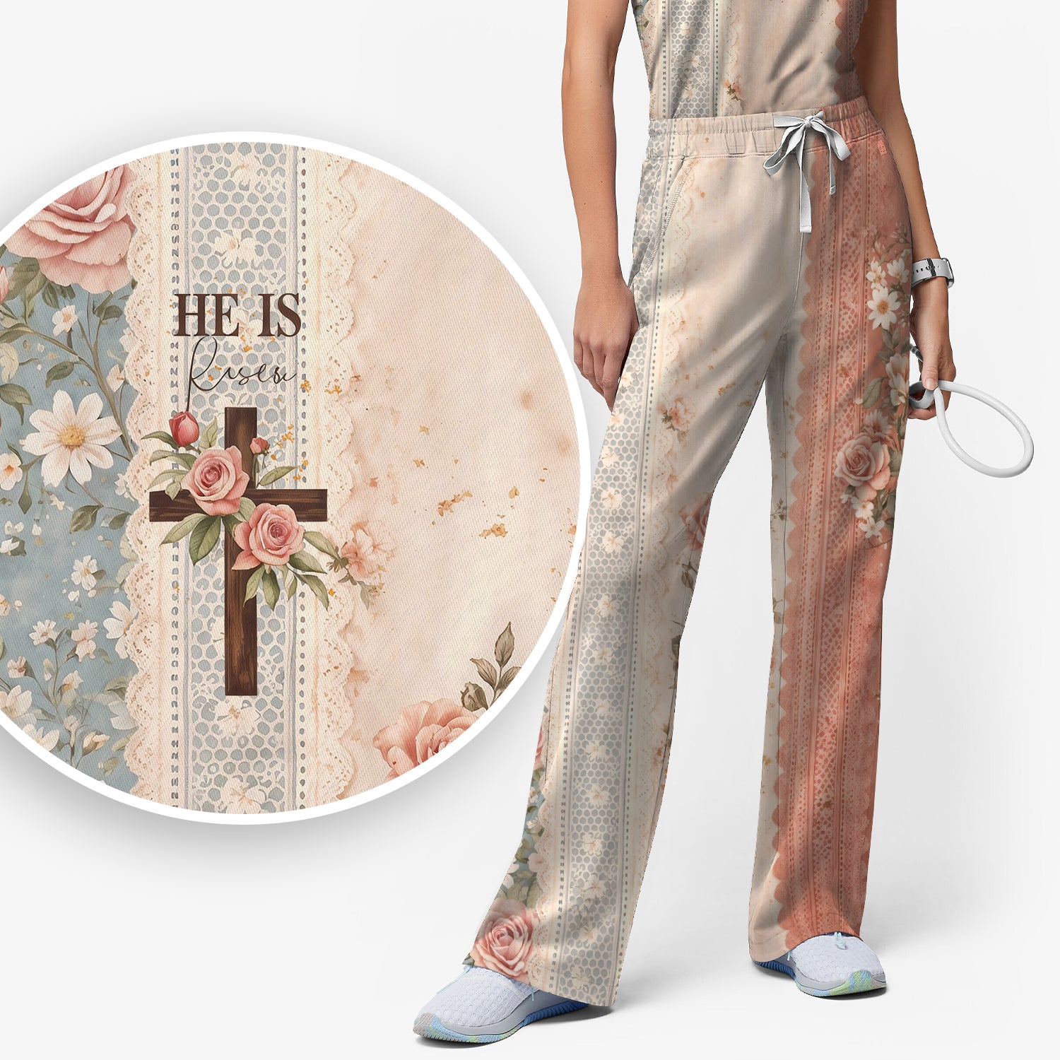 Inspirational Christian Cross Rose He Is Risen Vintage Floral Pattern Scrub Set, Scrub Pants and V Neck Top