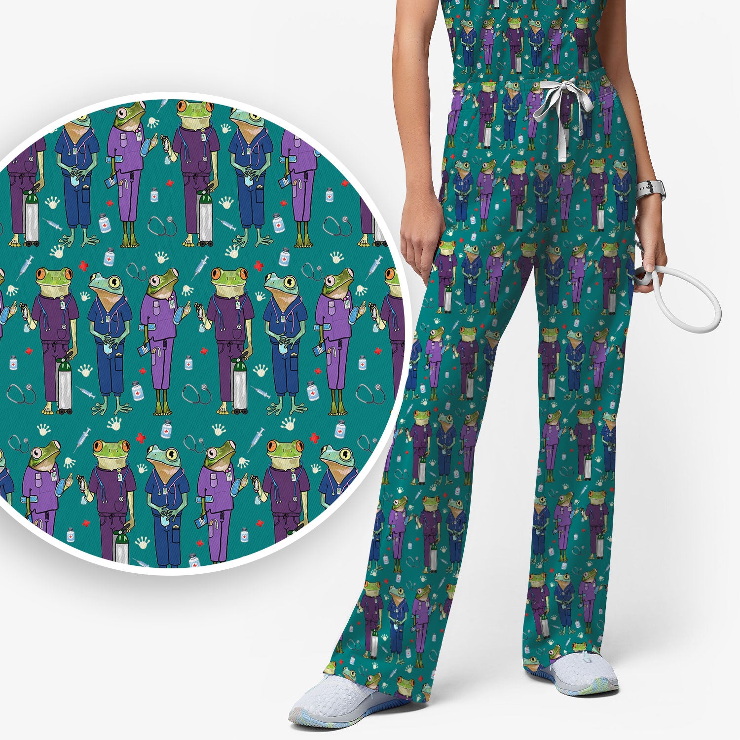 Funny Frog Nurse Pattern Scrub Set, Scrub Pants and V Neck Top