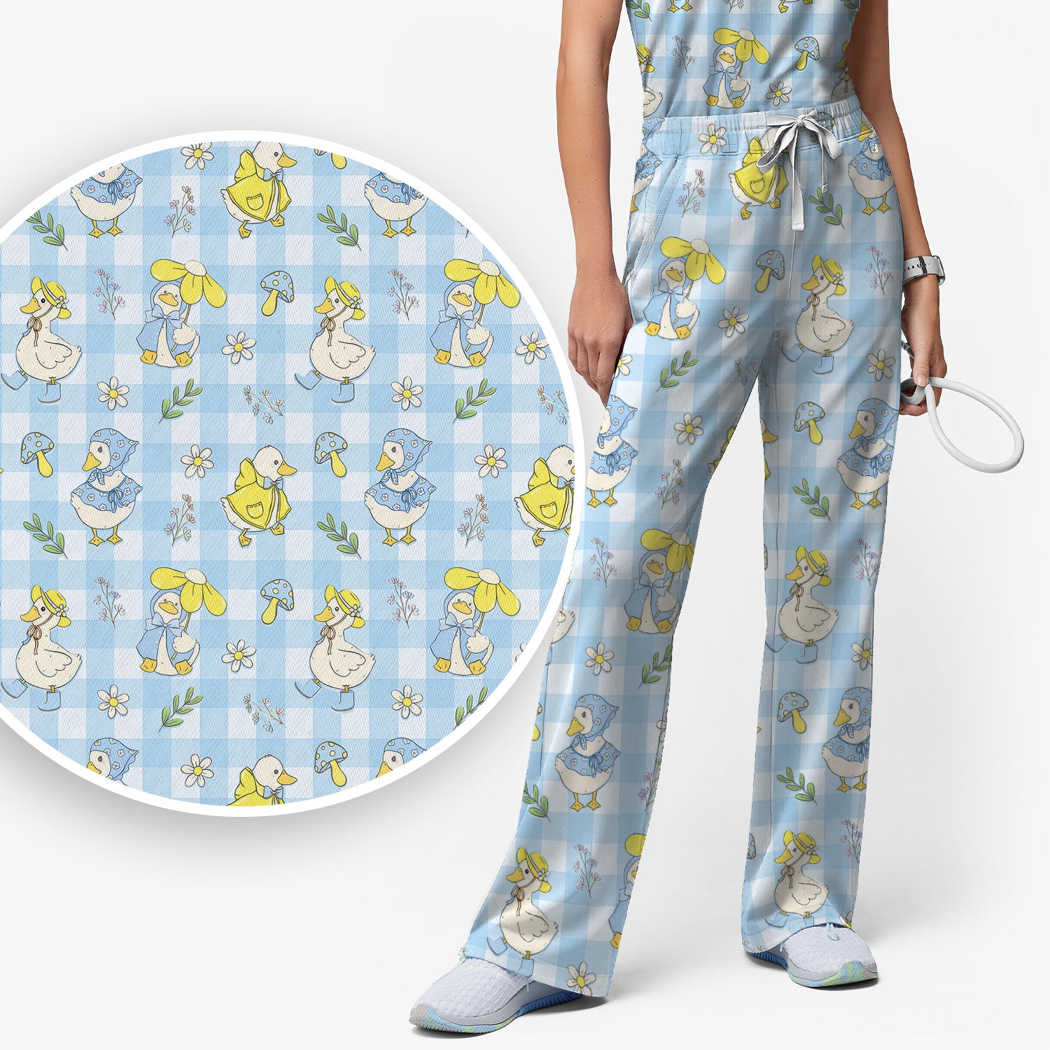 Cute Duck Outfit Gingham Pattern Scrub Set, Scrub Pants and V Neck Top
