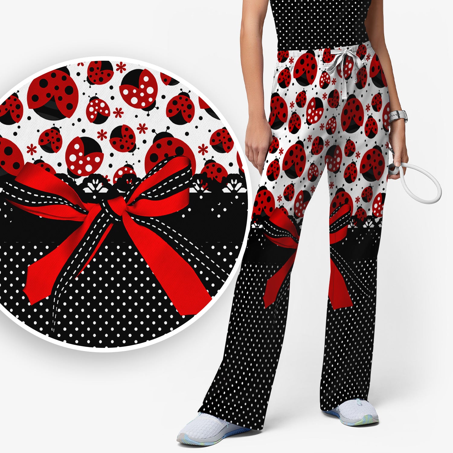 Cute Ladybug Red Ribbon Polka Pattern Scrub Set, Scrub Pants and V Neck Top