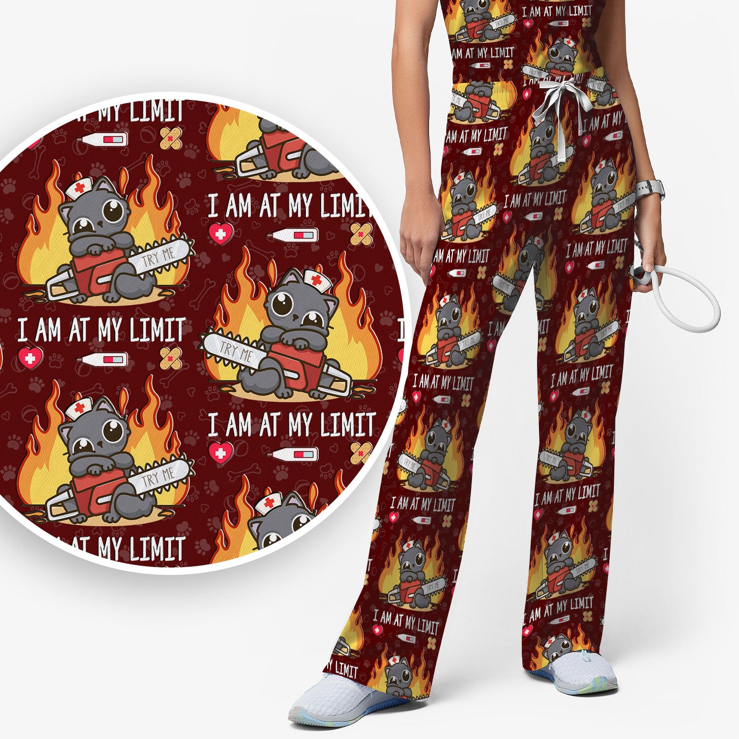Funny Nurse Cat I Am At My Limit Women's Scrub Set, Breathable Med Uniform
