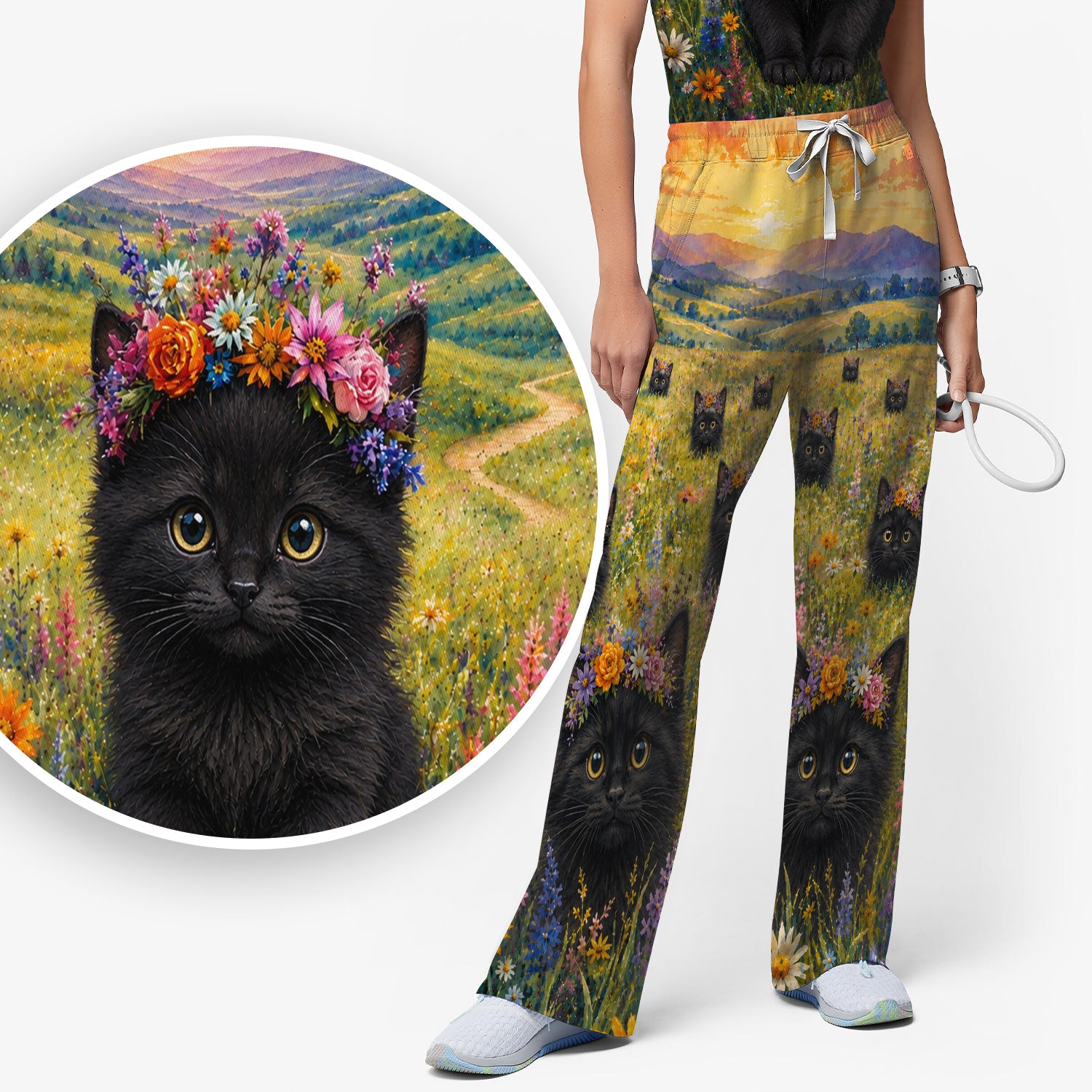 Black Kitten Flower Meadow Pattern Scrub Set, Scrub Pants and V Neck Top