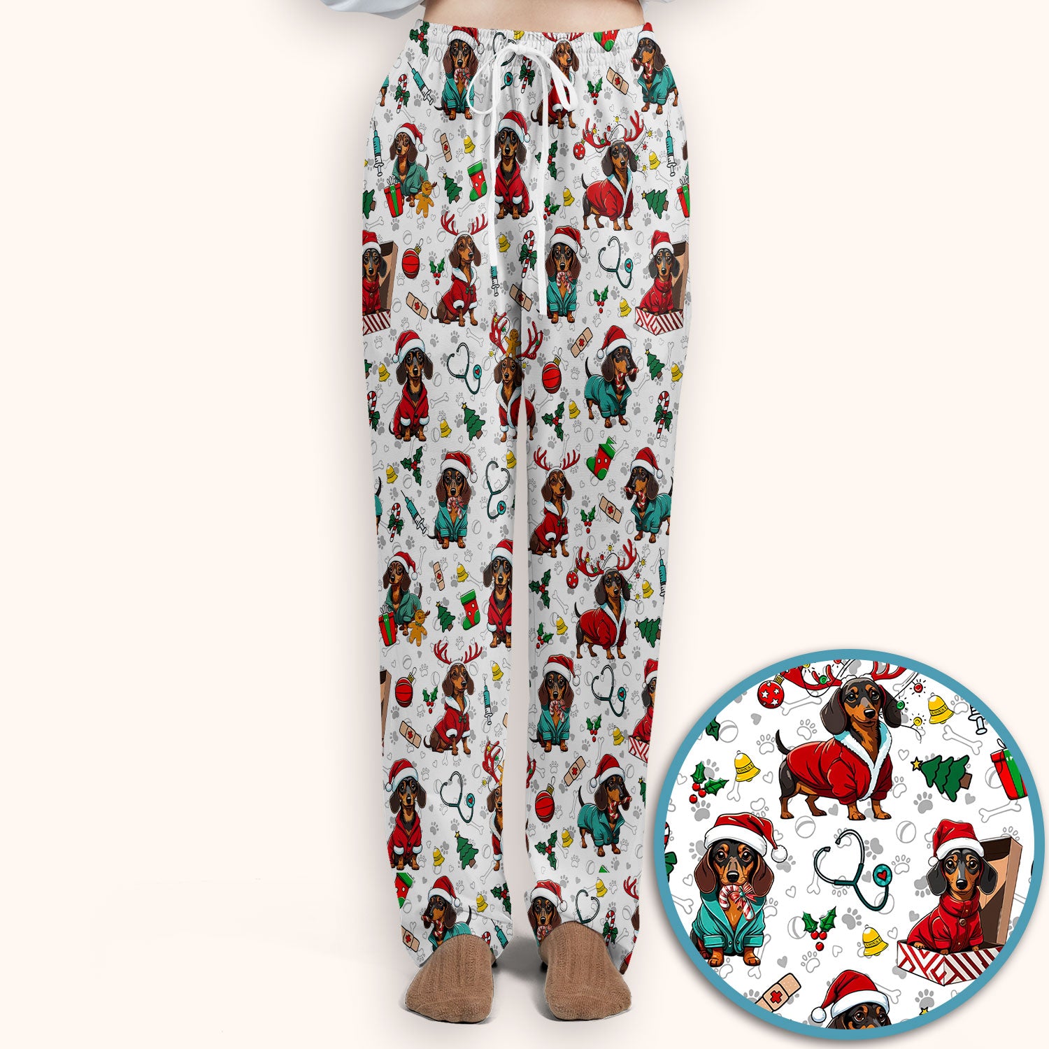 Christmas Dachshund Scrub Set for Nurses - Cute Sausage Dog Holiday - Funny Reindeer & Santa Scrubs Pants and V Neck Top
