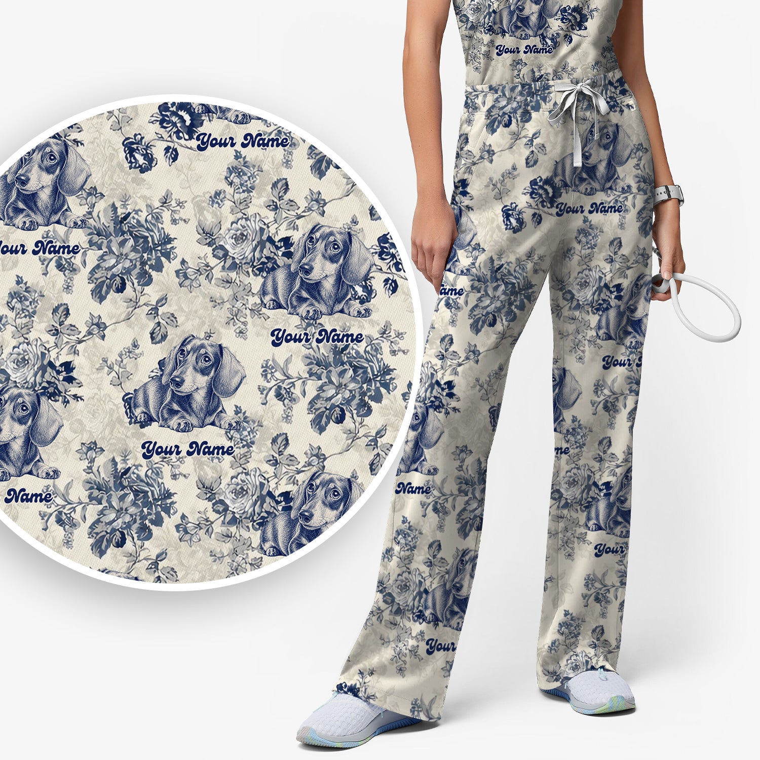Personalized Vintage Floral Dachshund Portrait Scrub Set, Scrub Pants and V Neck Top