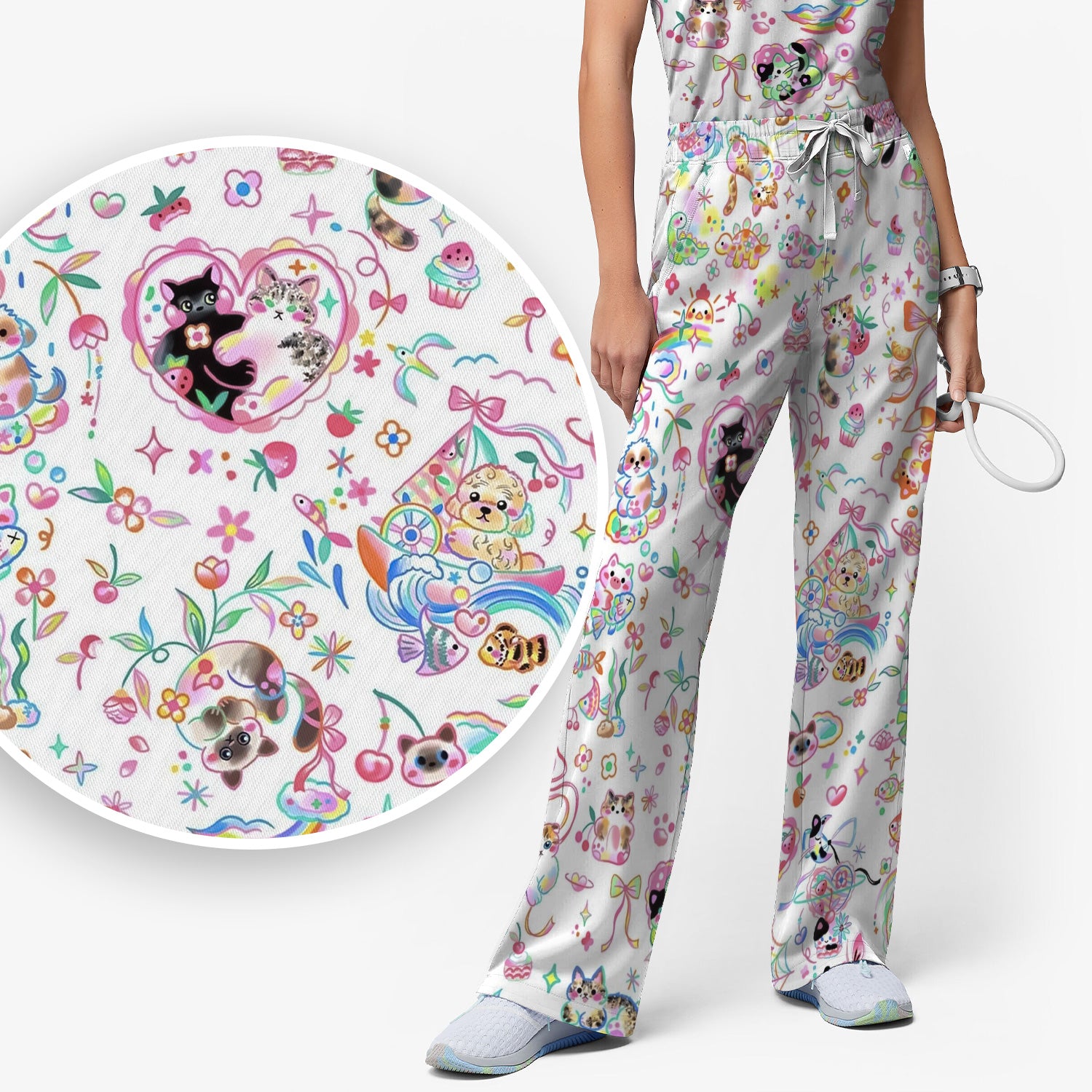 Cute Kawaii Animal Rainbow Heart Pattern Scrub Set, Scrub Pants and V Neck Top