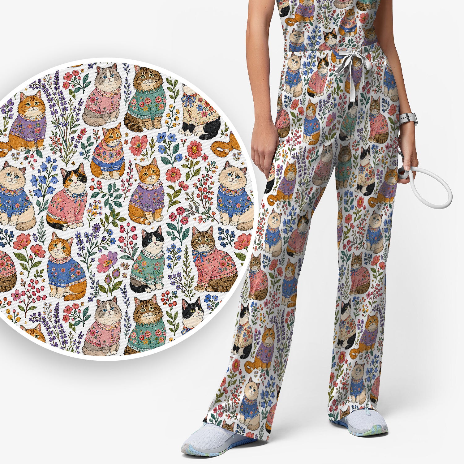 Cute Floral Cat Pattern Scrub Set, Scrub Pants and V Neck Top