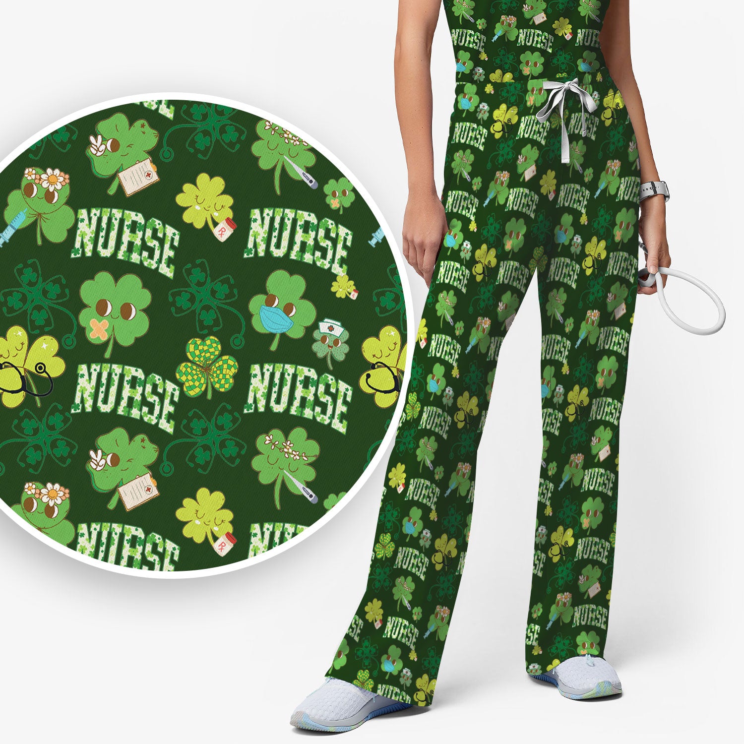 Lucky Shamrock Nurse Scrub Set, St. Patrick’s Day Nursing Shirt, Breathable Fabrics Nursing Uniform
