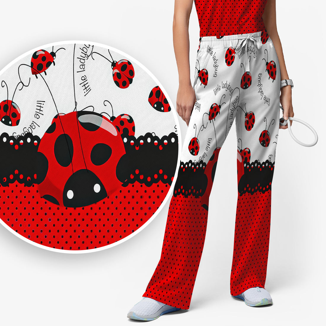 Cute Little Ladybug Polka Dot Pattern Scrub Set, Scrub Pants and V Neck Top