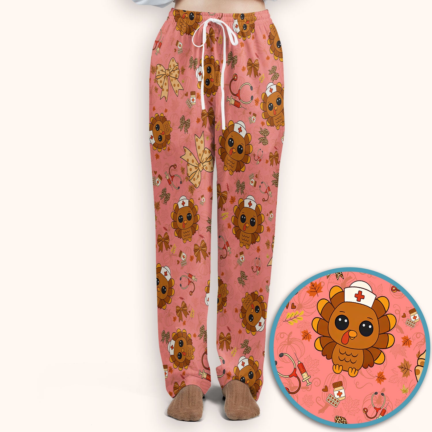 Thanksgiving Turkey Nurse Scrub Set for Women - Cute Fall Leaves and Bow Scrub Pants and V Neck Top - Autumn Medical Uniform