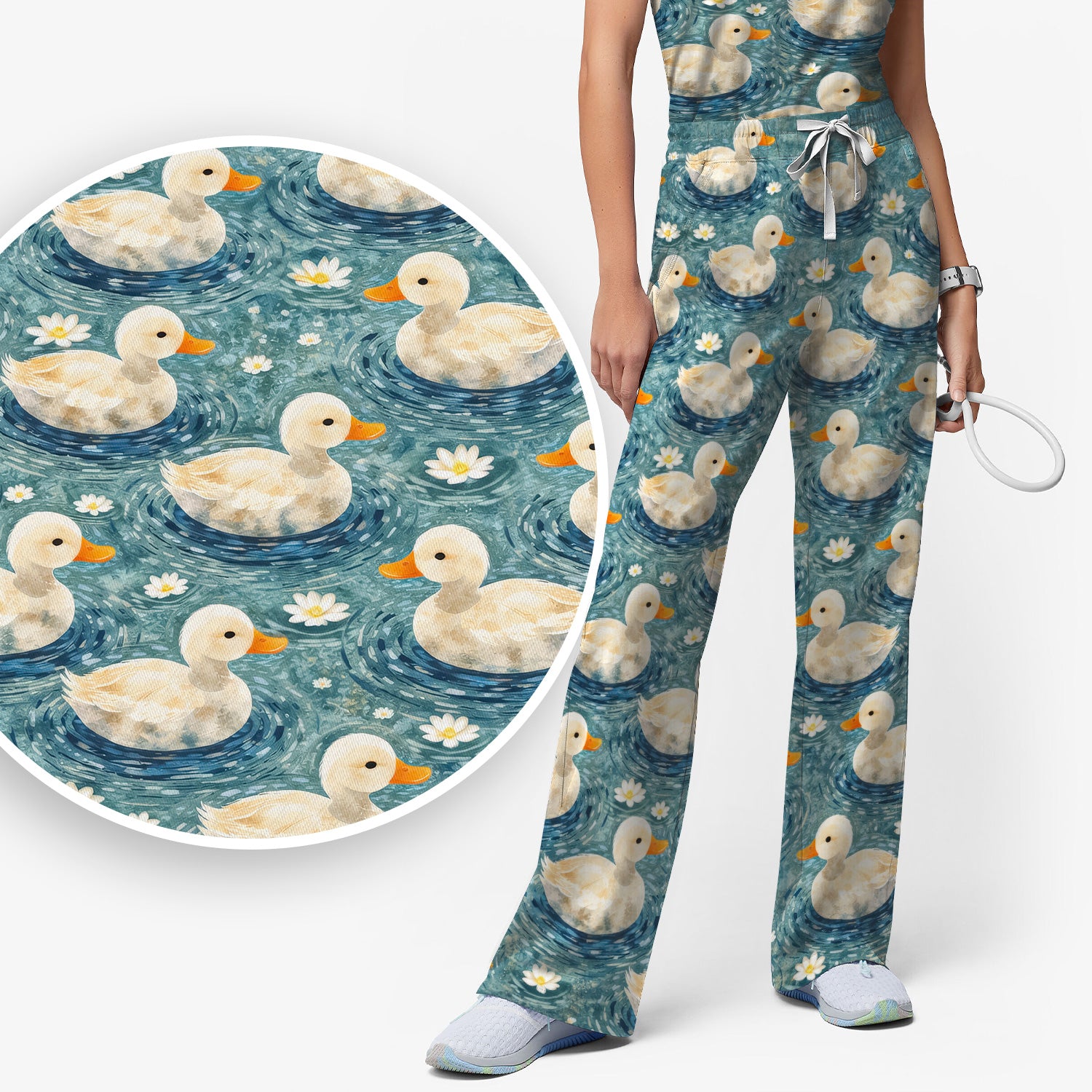 Charming Duck Pond Scrub Set, Peaceful Waterfowl Print Nursing Uniform, Scrub Pants and V Neck Top