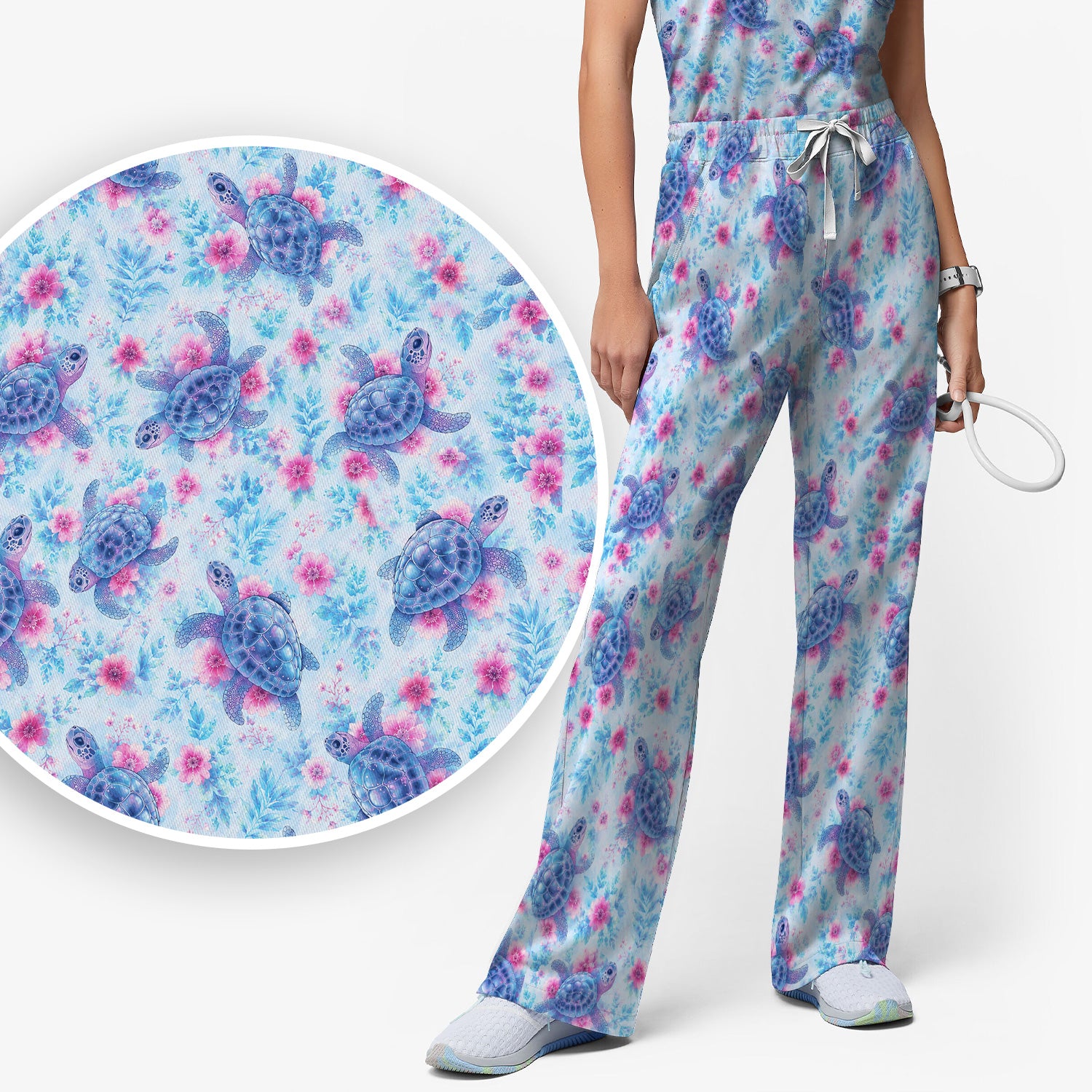 Cute Sea Turtle Floral Print Scrub Set, Scrub Pants and V Neck Top