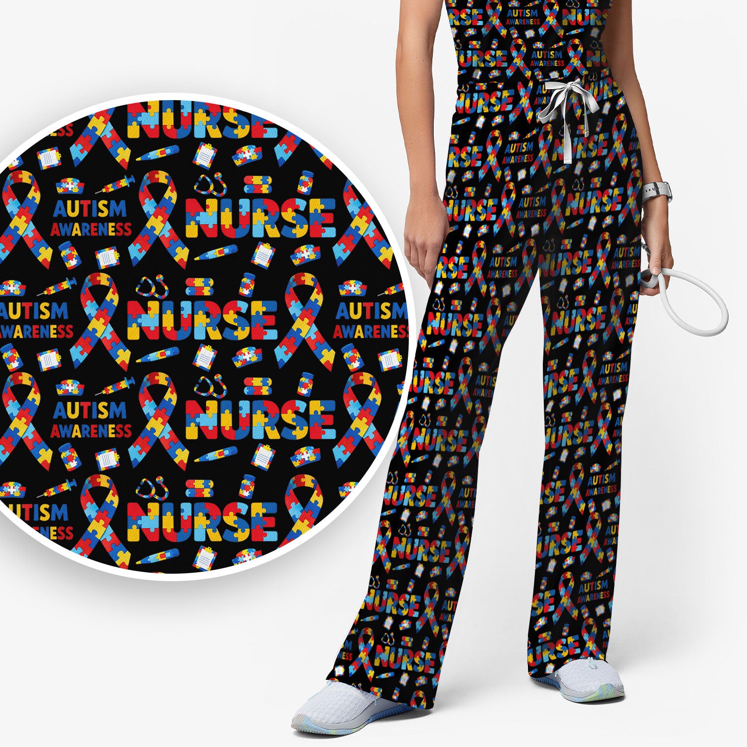 Autism Awareness Nurse Puzzle Ribbon Print Sets,  Breathable Med Uniform