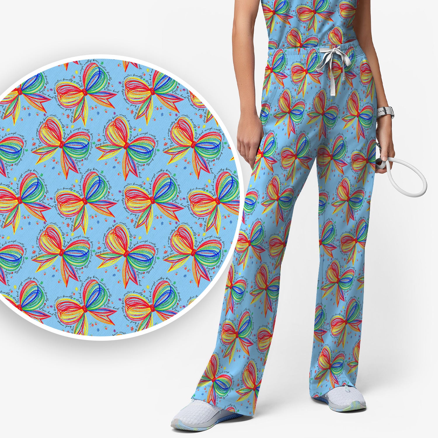 Colorful Rainbow Bow Pattern Scrub Set, Scrub Pants and V Neck Top