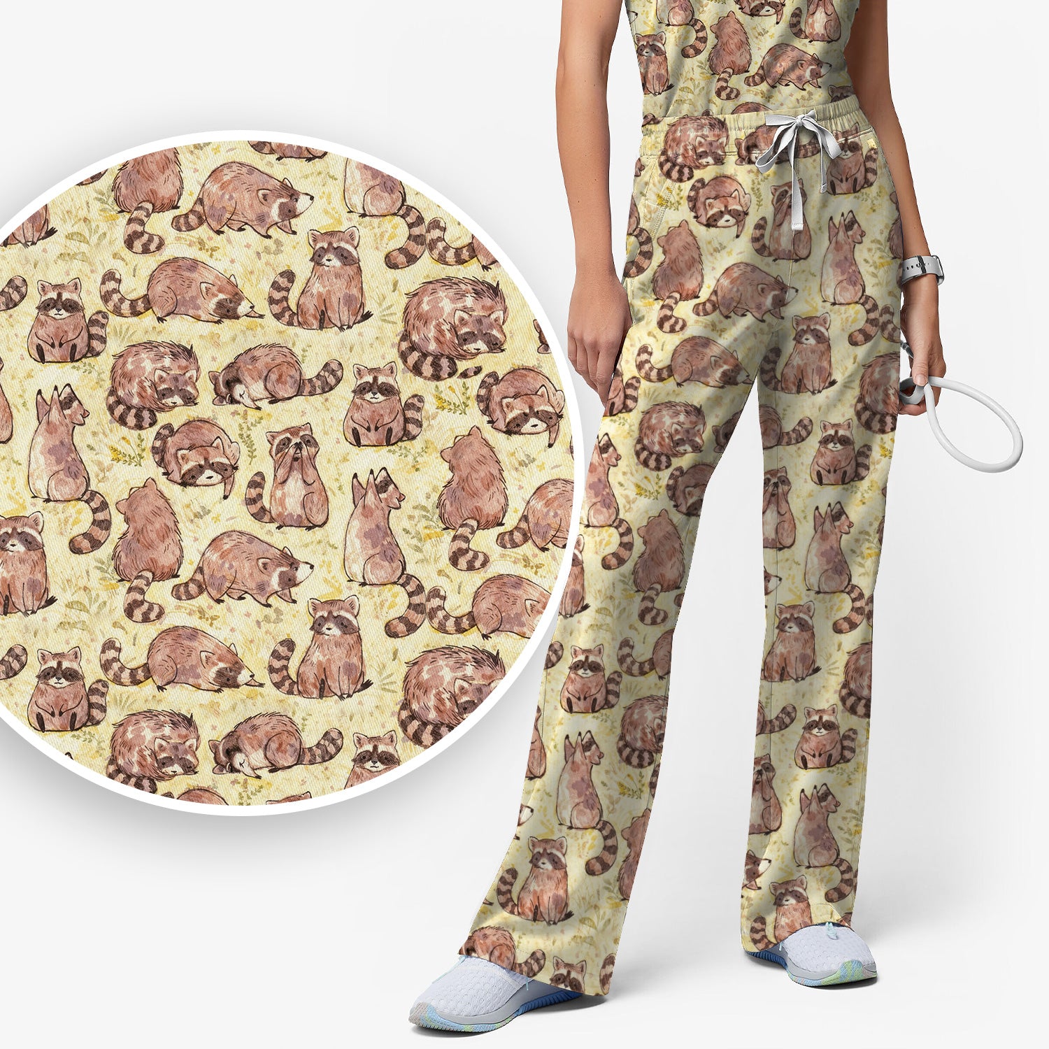 Cute Raccoon Woodland Pattern Scrub Set, Scrub Pants and V Neck Top