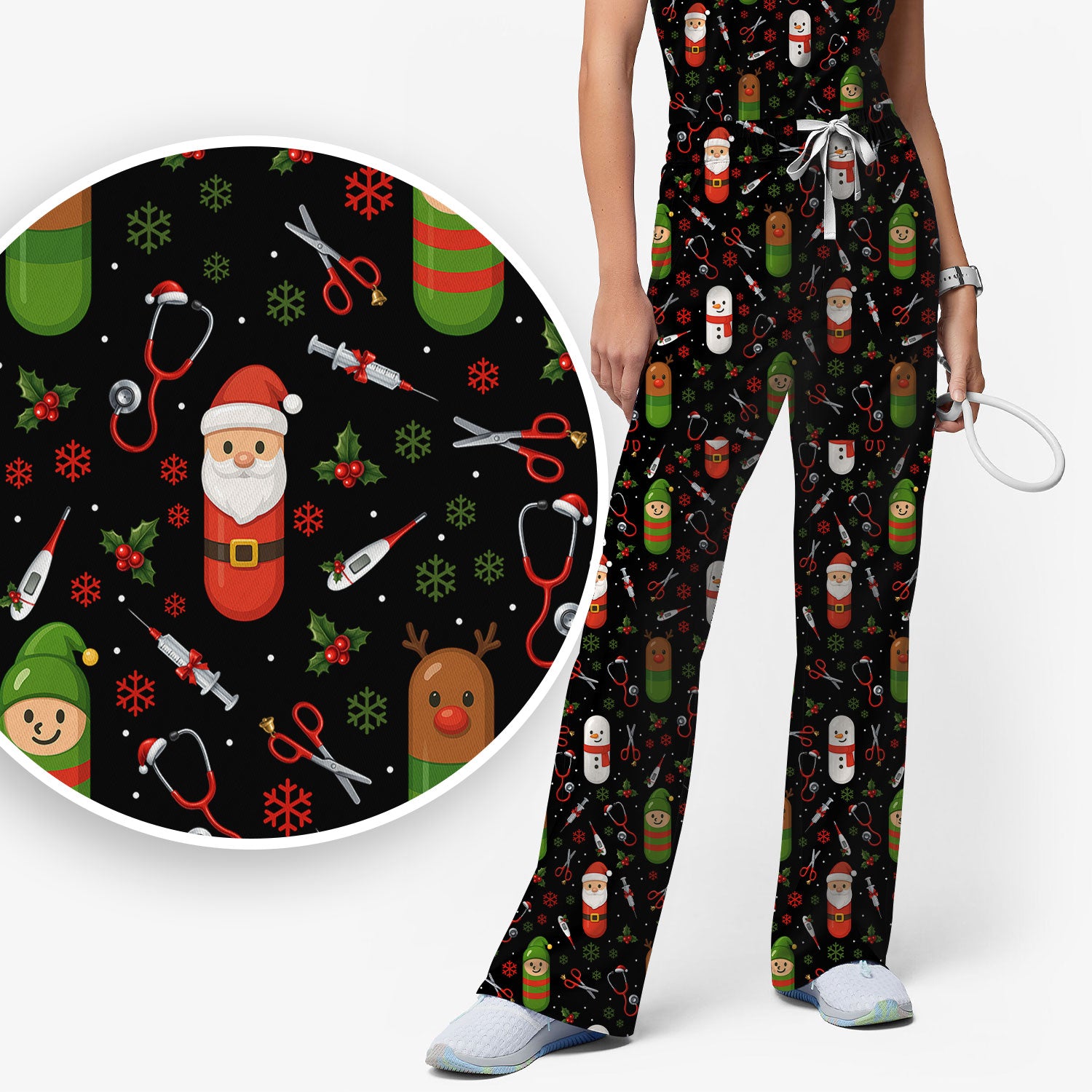 Santa Christmas Scrubs Set - Cute Holiday Pattern with Reindeer and Snowman - Fun Medical Scrub Top and Pants for Women Nurses
