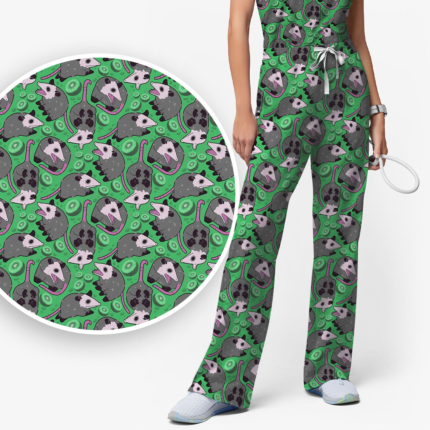 Funny Opossum Kiwi Scrub Set, Quirky Cartoon Animal Scrub Pants and V Neck Top