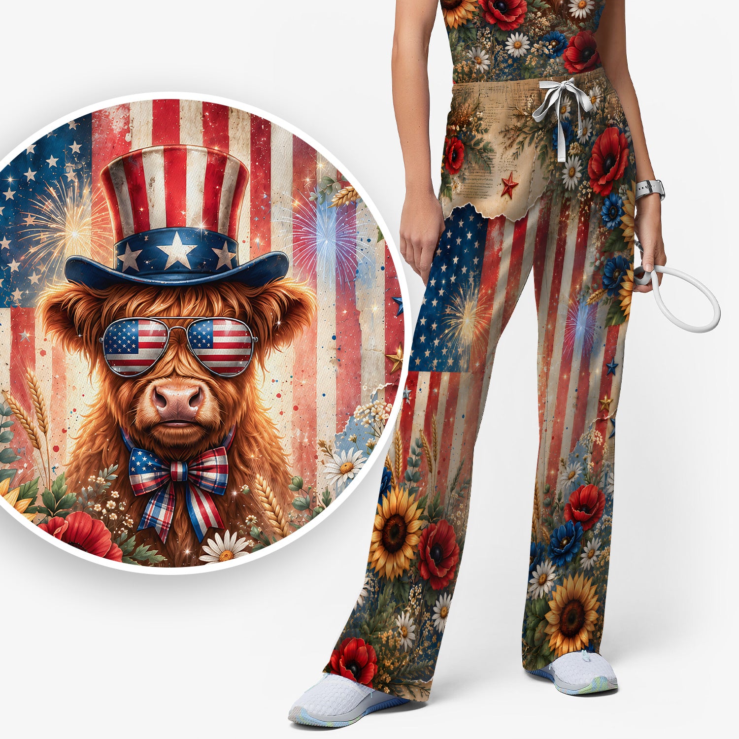 Patriotic Highland Cow Nurse for RN, CNA, Healthcare Workers Scrub Set, Scrub Pants and V Neck Top
