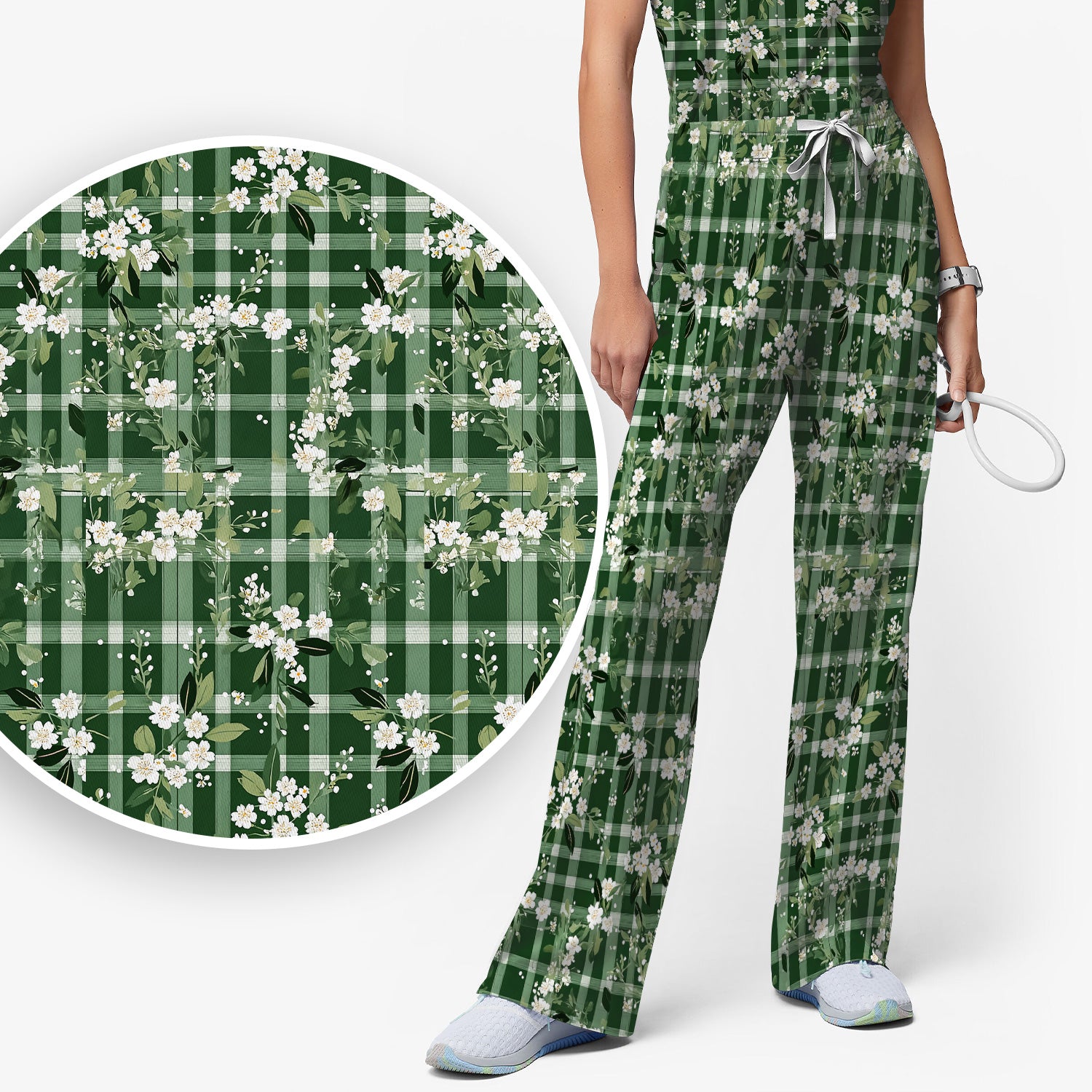 Cute Green Gingham Floral Print Scrub Set, Women's Scrub Sets