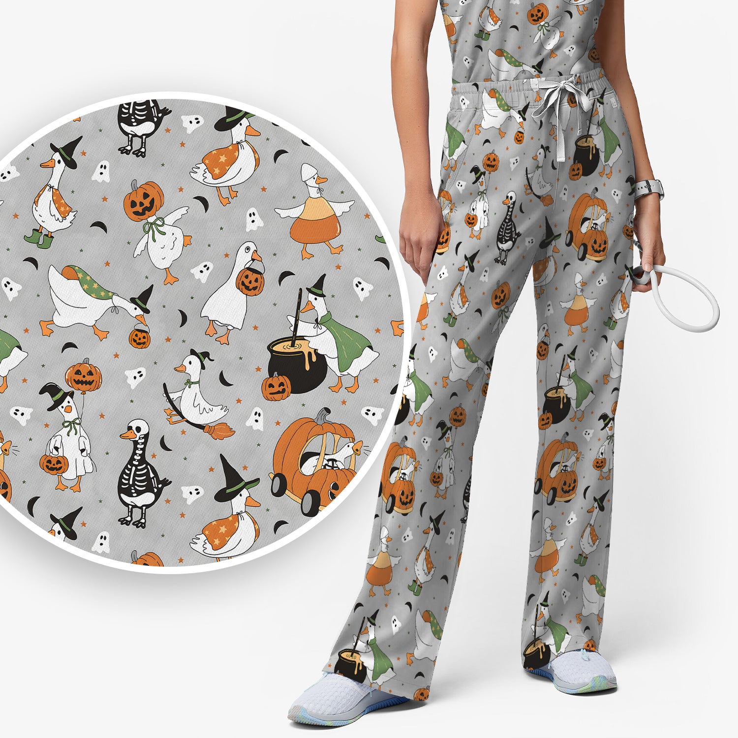 Goose with Pumpkin Checkered Print Scrub Set, Scrub Pants and V Neck Top