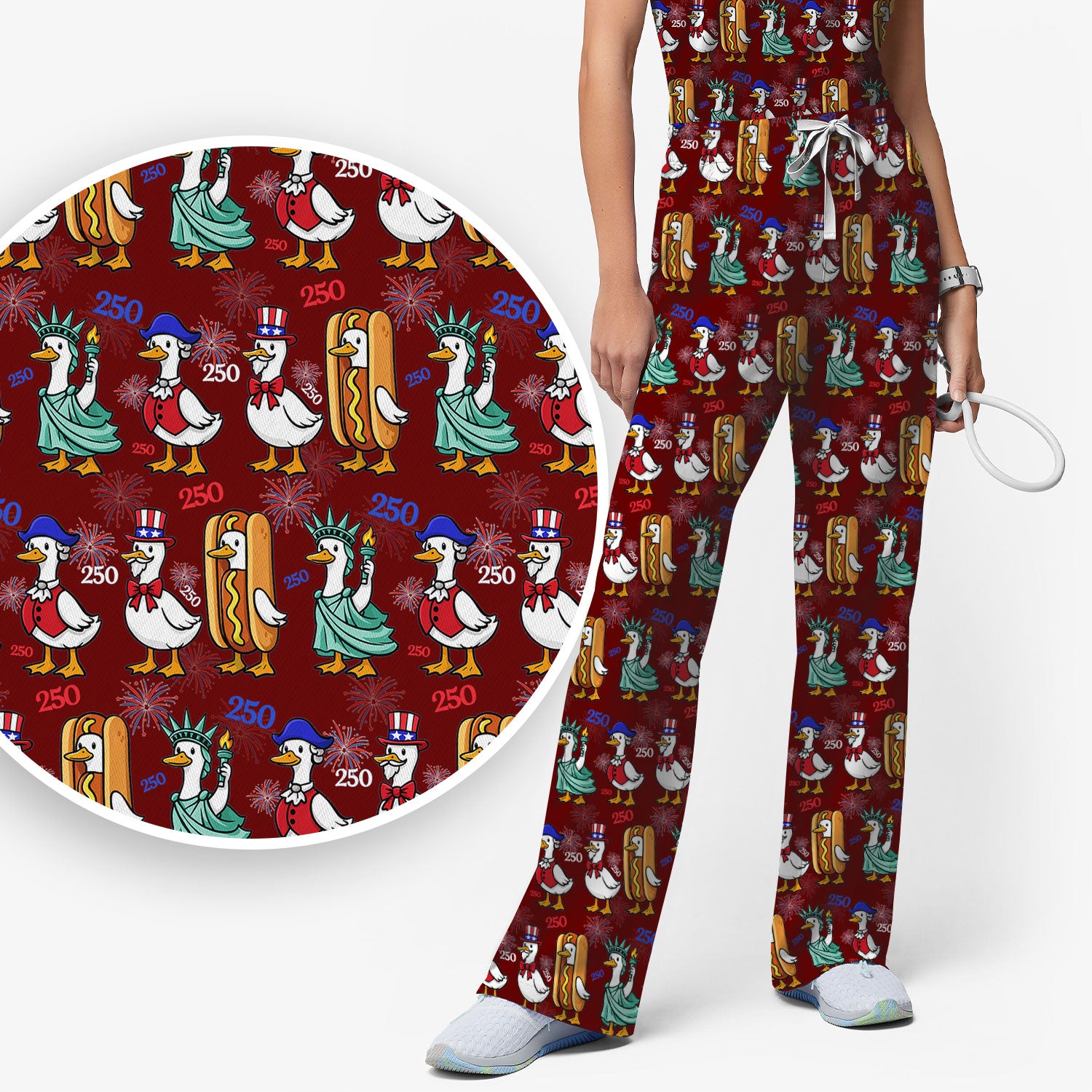 Patriotic Duck Independence Day Pattern Scrub Set, Scrub Pants and V Neck Top